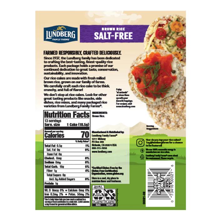 Lundberg - Brown Rice Organic Rice Cakes Salt-Free, 241g - back