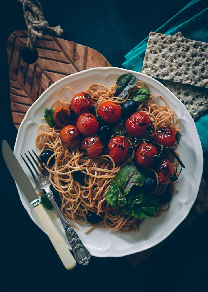 Lentil Spaghetti with Cherry Tomatoes and Olives