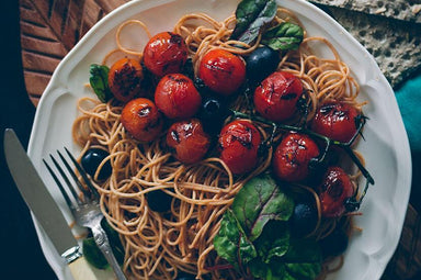 Lentil Spaghetti with Cherry Tomatoes and Olives