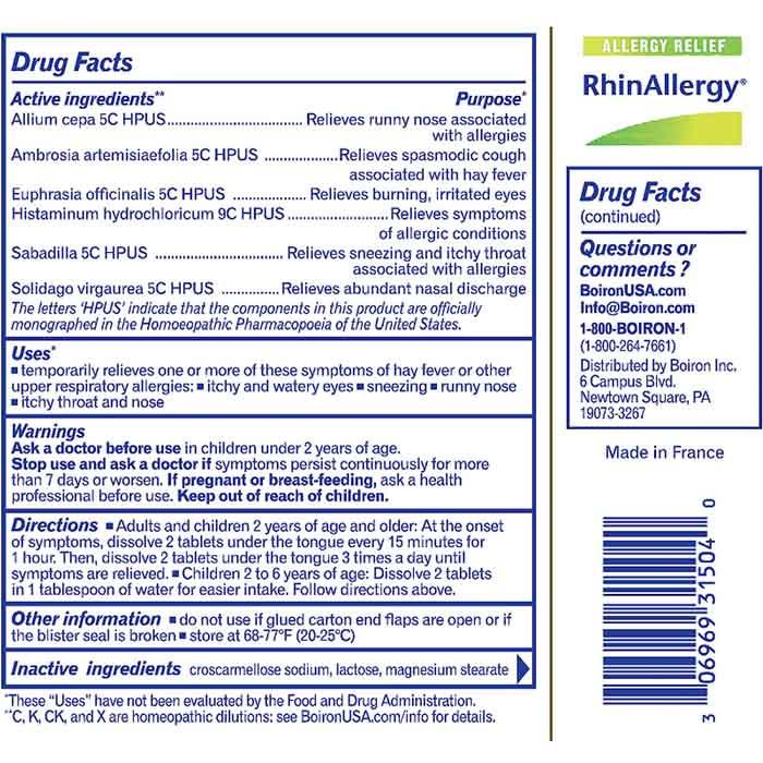 Boiron - Rhinallergy Allergy Relief 60 Quick-Dissolving Tablets, 60 Tablets - Back