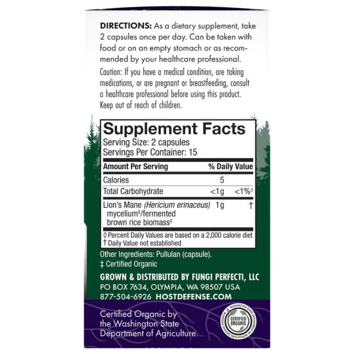 Host Defense - Lion's Mane Memory And Nerve Support, 120 Capsules - back