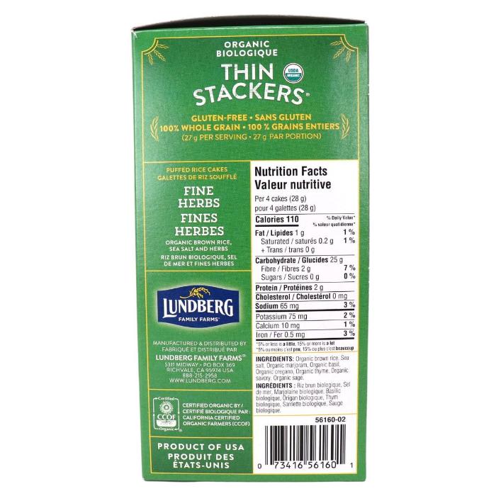 Lundberg - Family Farms Thin Stackers Puffed Rice Cakes Fine Herbs Organic 24 Rice Cakes, 168g - back
