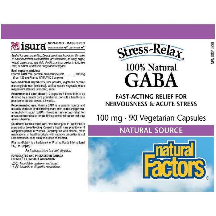 Natural Factors - 100% Natural Gaba 100 mg, Stress-Relax, 90 Vegetarian Capsules - back
