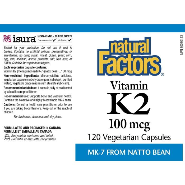 Natural Factors - Vitamin K2, 120 Vegetarian Capsules - back