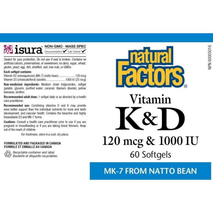Natural Factors - Vitamin K+D, 60 Softgels - back