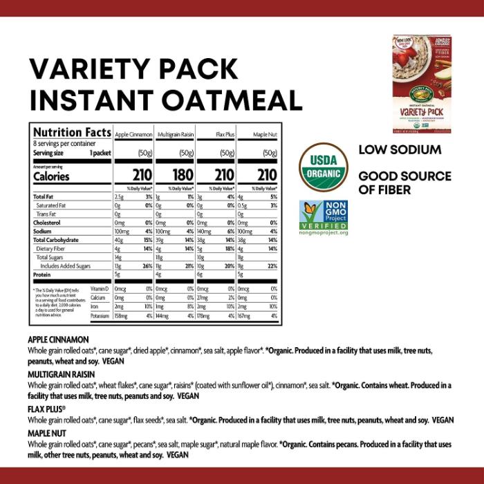 Nature's Path - Instant Oatmeal Organic Variety Pack 8 Packets, 400g - Back