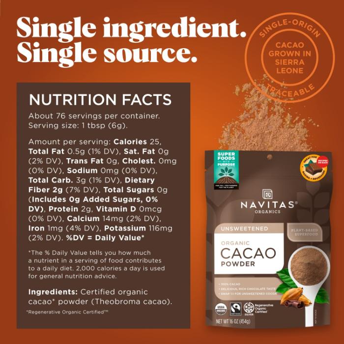 Navitas - Organics Organic Cacao Powder, 454g - Back