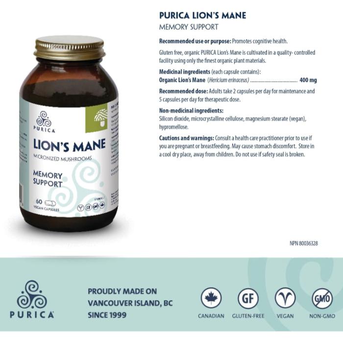 Purica - Lions Mane 400mg, 60 Vegetarian Capsules – PlantX Canada