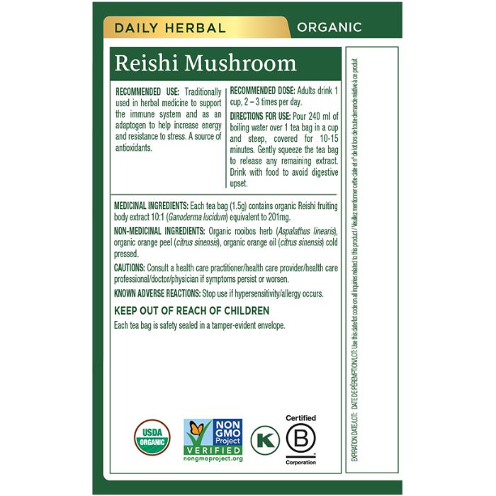 Traditional Medicinals - Organic Mushroom Reishi Rooibos Orange Zest Herbal Tea, 16 Bags - back