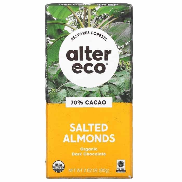 Alter Eco - Organic Dark Chocolate Bars Salted Almonds 70% Cacao, 80g