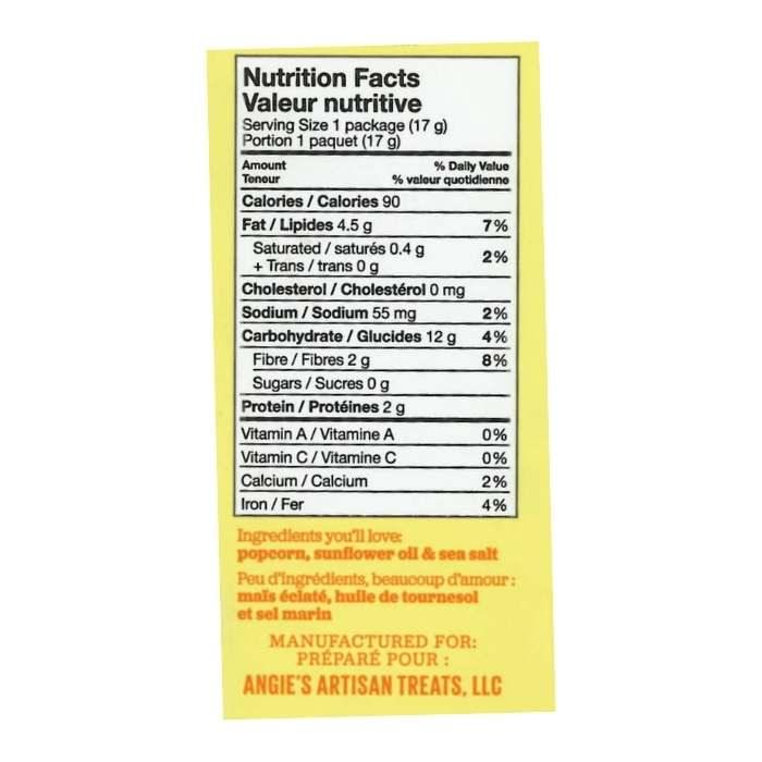 Angie's Artisan Treats - Sea Salt Popcorn, 136g - Nutrition facts