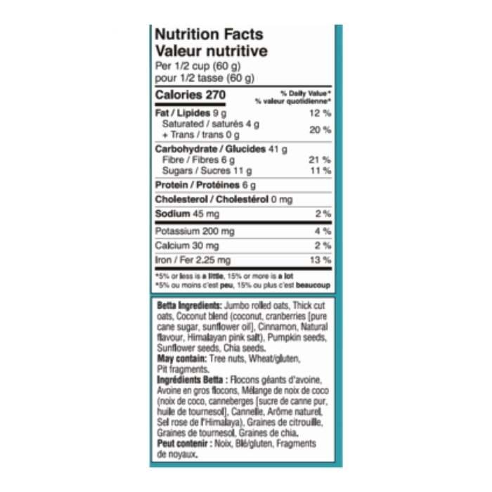 BettaYum - Whole Grain Muesli, 454g - Coconut Craze - Nutrition Facts