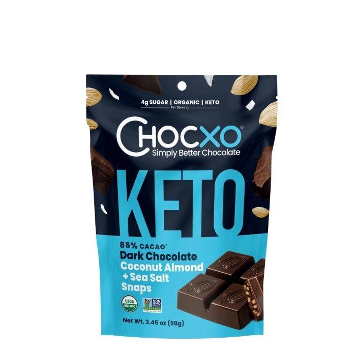 ChocXO - Organic85 Dark Chocolate Keto Snaps 98g - Coconut Almond & Sea Salt Snaps - Front