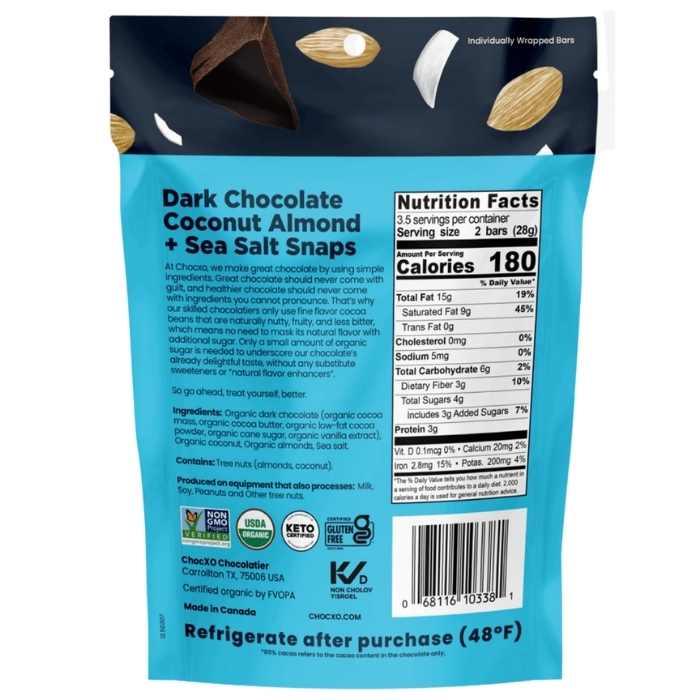 ChocXO - Organic85 Dark Chocolate Keto Snaps 98g - Coconut Almond & Sea Salt Snaps -Back