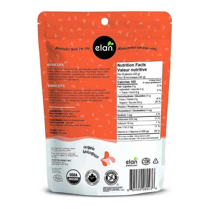 Elan - Organic Sun Dried Fruit | Multiple Options - Apricots, 200g - Nutrition Facts