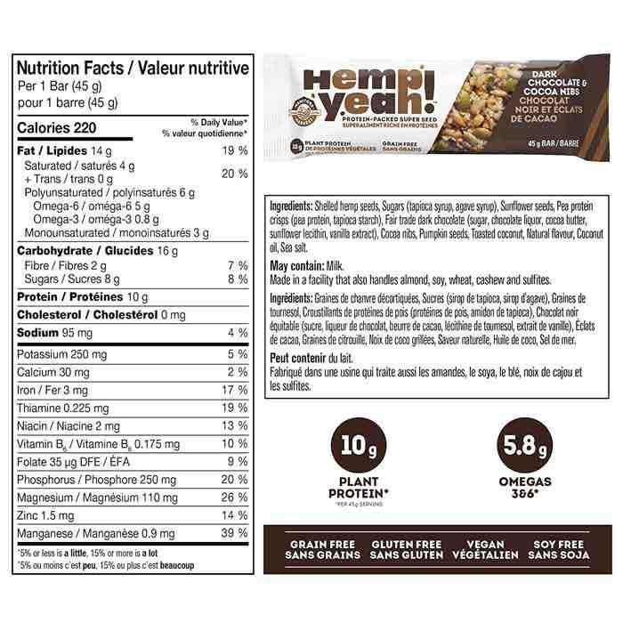 Manitoba Harvest - Hemp Yeah! Dark Chocolate & Cocoa Nibs Protein Bar, 45g - back