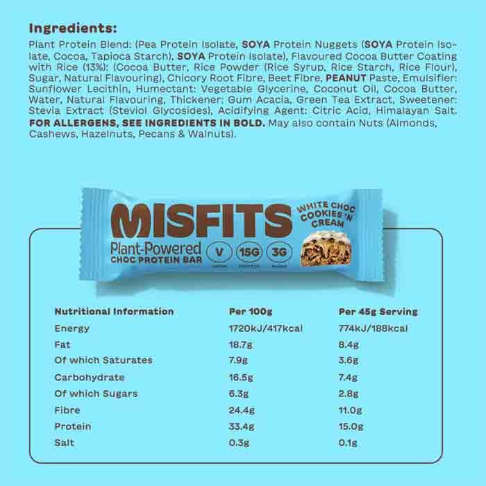 Misfits - Plant-Powered Choc Protein Bar - Cookies & Cream, 45g - back