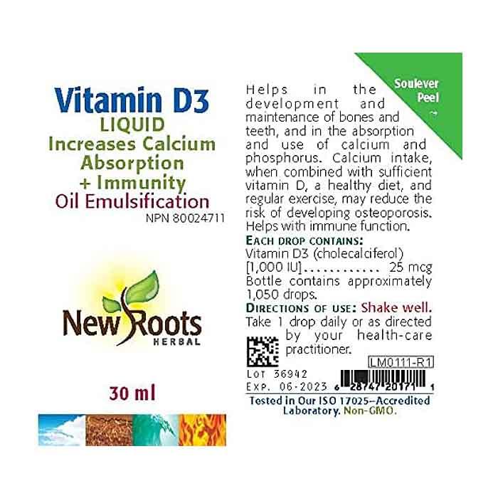 New Roots Herbal Inc. - Vitamin D3 (liquid) ,30ml - back