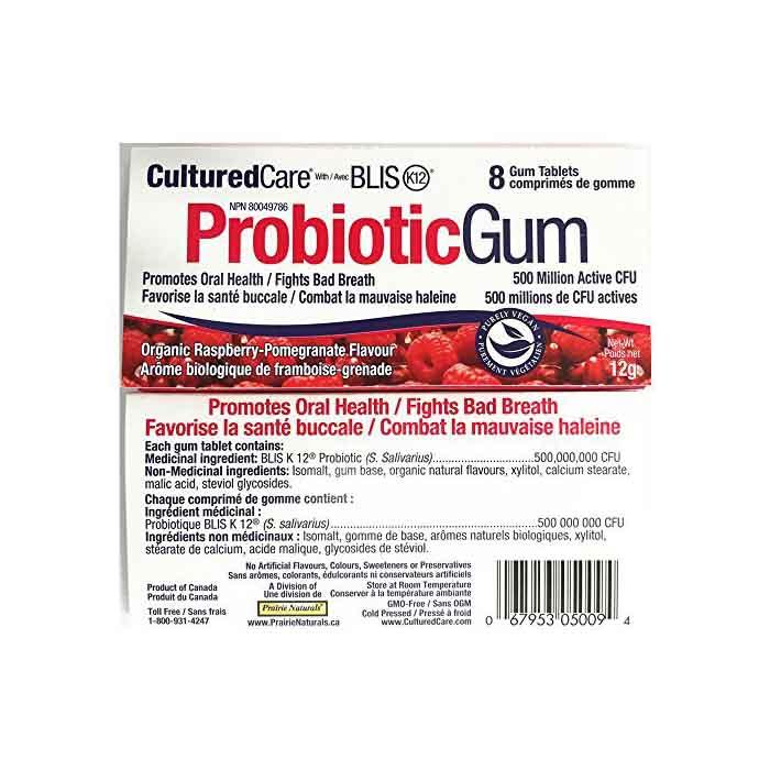 Prairie Naturals - CulturedCare ProbioticGum with Blis K12 Organic Flavor 8 Gum Tablets - Raspberry-Pomegranate, 12g