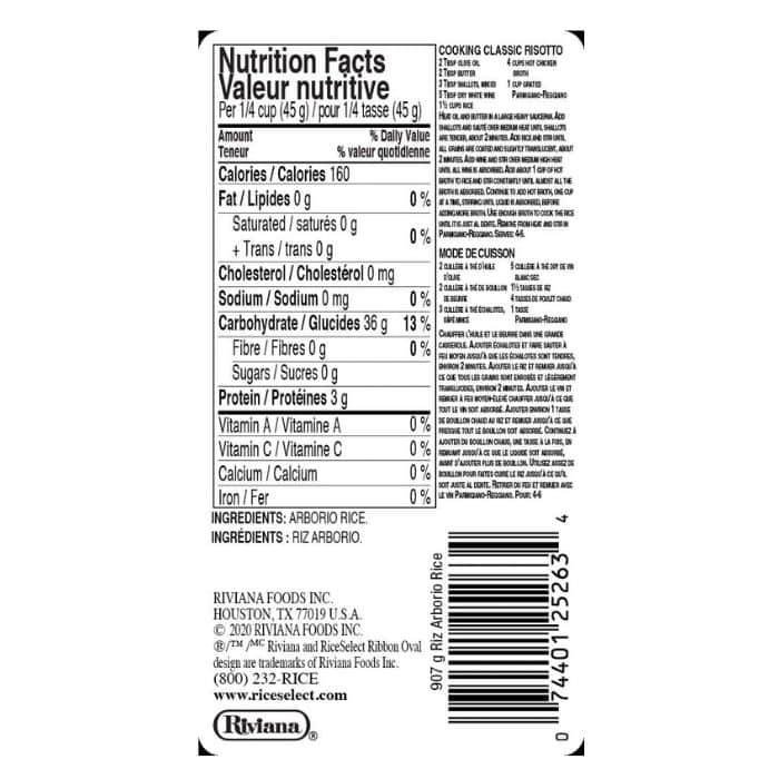 RiceSelect - Arborio Rice, 907g - nutrition facts