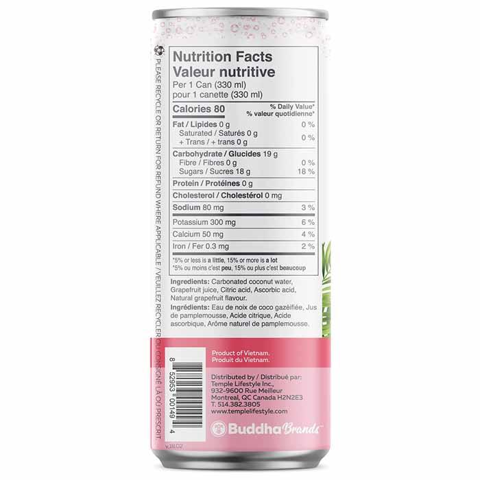 Temple Lifestyle Inc - Thirsty Buddha Sparkling Coconut Water, Grapefruit , 330ml - Back