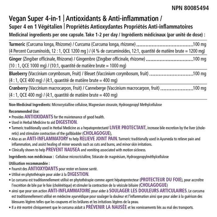 Veganly Vitamins - Super 4 In 1 - Antoxidants & Anti-Inflammation, 90 Capsules - back