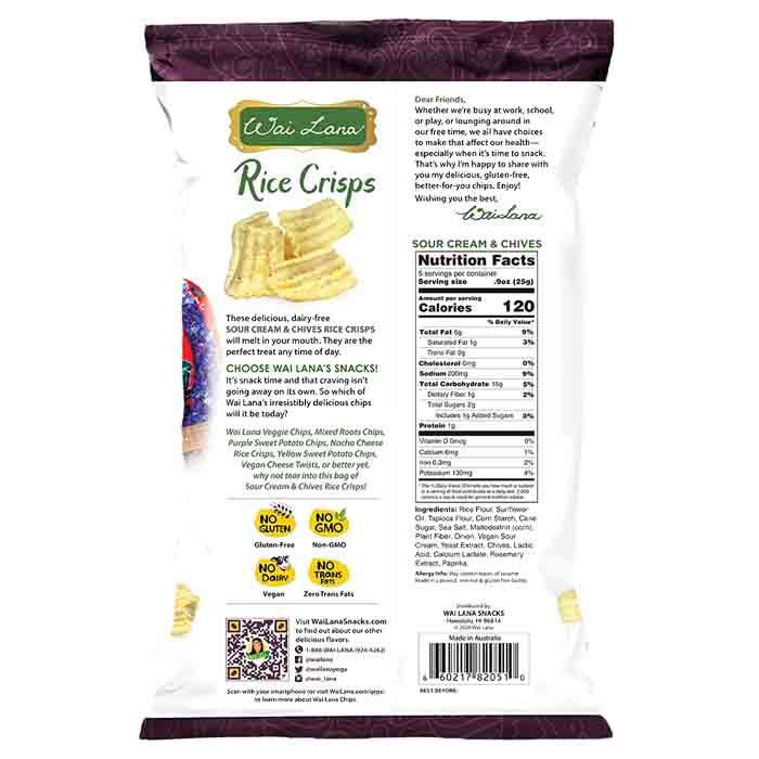 Wai Lana Snacks - Veggie & Rice Chips - Rice Crisps-Sour Cream & Chives (Vegan), 128g -b back