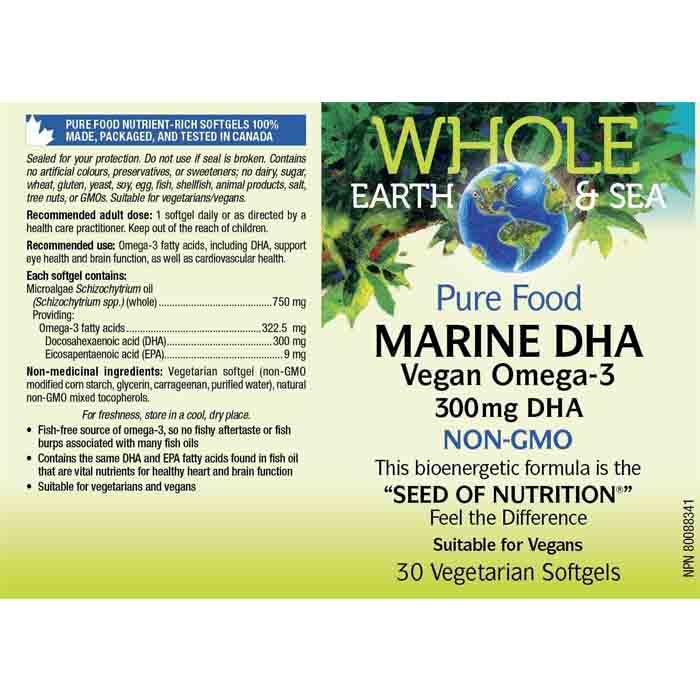Whole Earth & Sea - Pure Food Marine DHA Vegan Omega-3, 30 Softgels - back