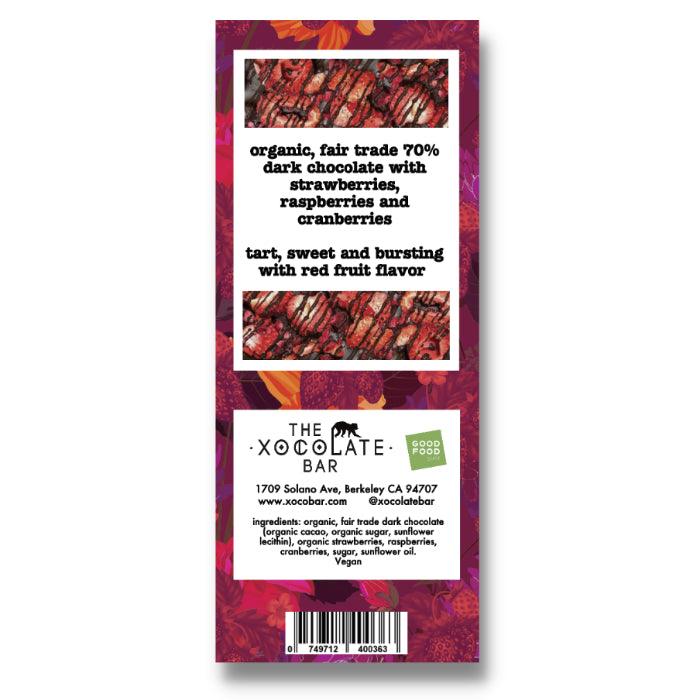 Xocolate Bar - Very Berry Bar - Organic Fair Trade Vegan Dark Chocolate, 3oz Back